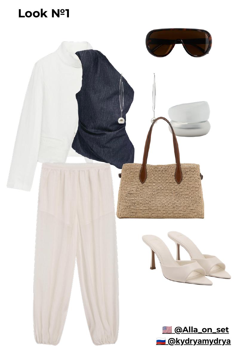 Look №1 from Summer 2026 Capsule — denim corset, white jacket, raffia tote